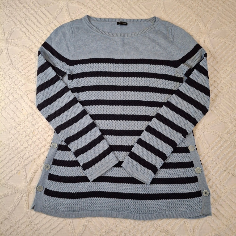 Talbots Womens Medium Sweater Light Blue Navy Striped Side Button Boat Neck Knit